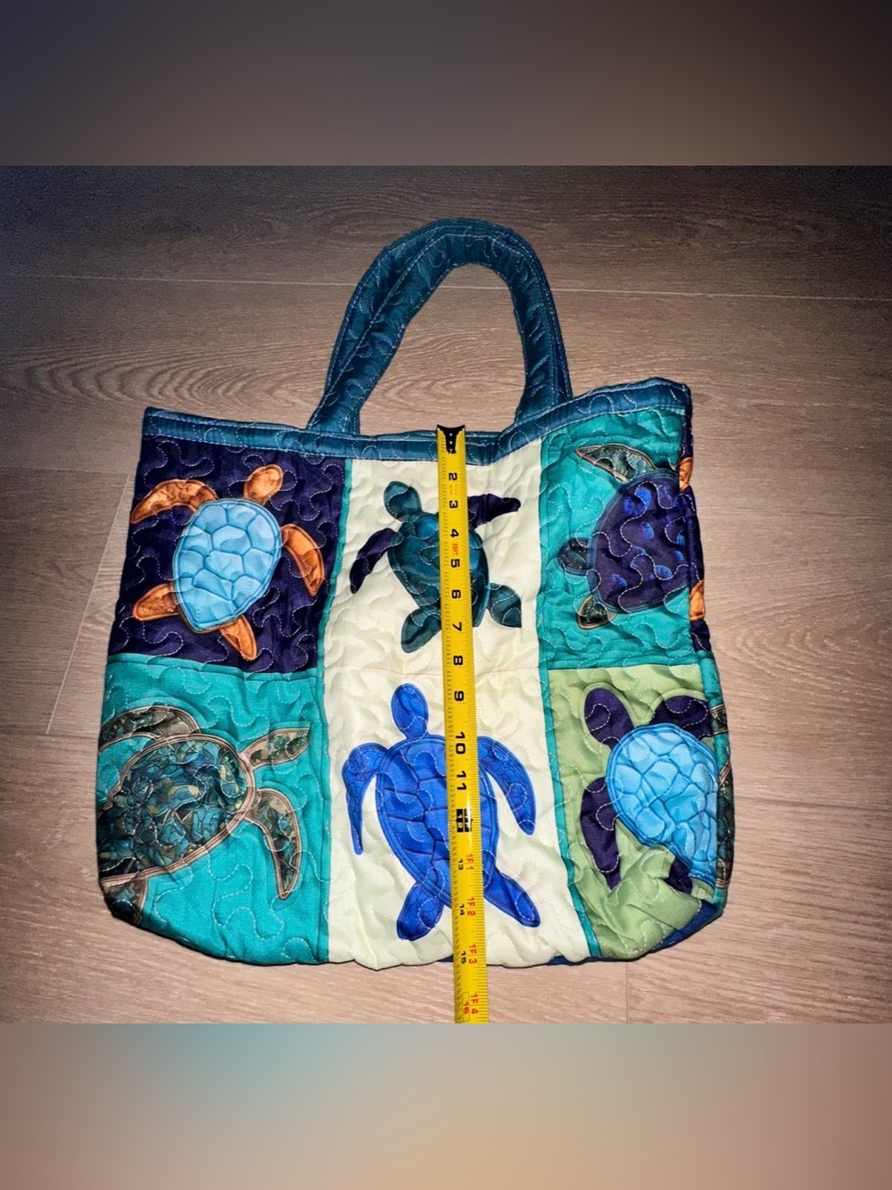 NEW Turtle Patchwork Quilted Tote Bag - Teal & Blue - Picture 4 of 4